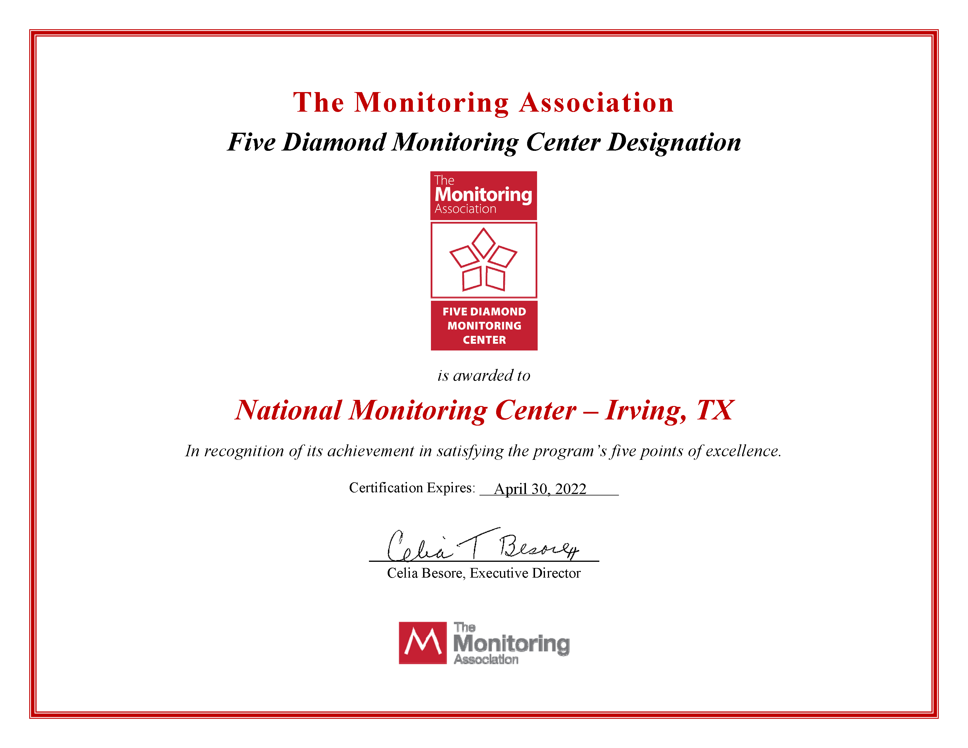 NMC Irving Five Diamond Certificate 2021